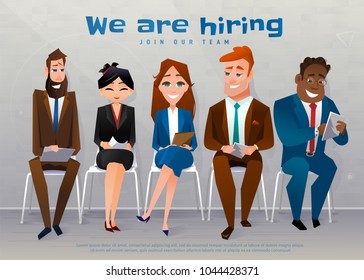 Human resources interview recruitment job concept. We are hiring text. People sitting on the chairs nears the wall, at the office. Vector illustration