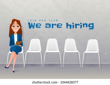 Human resources interview recruitment. Job concept. Young businesswoman sitting on the chair at the office. Copy space. We are hiring. Join our team. Vector illustration