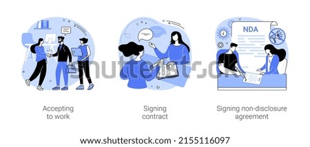 Human resources isolated cartoon vector illustrations set. Happy applicant is accepted to work, HR worker, recruiting process, employee signing contract, non-disclosure agreement vector cartoon.