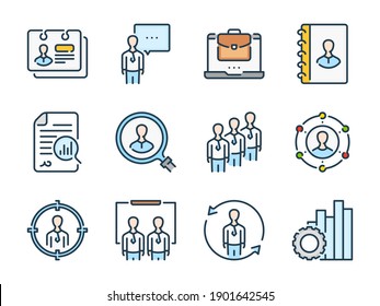 Human Resources And Job Interview Related Vector Line Color Icons. Head Hunting And Job Offer Outline Colorful Icon Set.