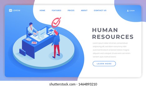 Human Resources Landing Page Isometric Template. Candidate At Job Interview, Talent Manager, HR Agent, Headhunter Office Website Homepage Layout. Employment Service Vector Color Illustration