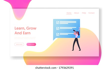 Human Resources Landing Page Template. Woman with Spyglass Searching Job Reading Work Description in Internet, Sending CV Online. Character Using Online Application. Cartoon Vector Illustration