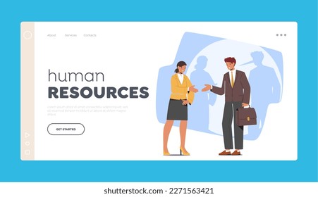 Human Resources Landing Page Template. Smiling Liar Man with Long Nose Shade Stretching Hand to Female Character. Dishonest Hypocrite Person Telling Lie or Cheating. Cartoon People Vector Illustration