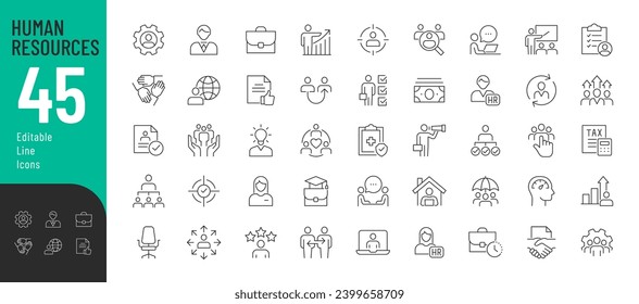 Human Resources Line Editable Icons set. Vector illustration in thin line modern style of business related icons: requirements for employee, organization, searching, and more. Isolated on white.