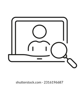 Human Resources Line Icon. HR Research in Laptop Linear Pictogram. Employee Candidate, Job Recruitment, Work Opportunity Outline Symbol. Web Employment. Editable Stroke. Isolated Vector Illustration.