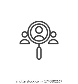 Human Resources line icon. Magnifier and business people linear style sign for mobile concept and web design. Employee search outline vector icon. Symbol, logo illustration. Vector graphics