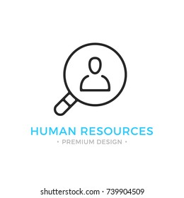 Human resources line icon. Magnifying glass and man silhouette. Black vector human resources icon isolated on white background