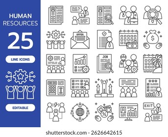 Human Resources Line Icon Set. Includes 25 editable vector icons such as resume, recruitment, interview, employee, payroll, training, performance, onboarding, promotion, HR policy, and more.
