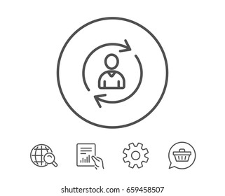 Human Resources line icon. User Profile sign. Person silhouette symbol. Refresh or Update sign. Hold Report, Service and Global search line signs. Shopping cart icon. Editable stroke. Vector