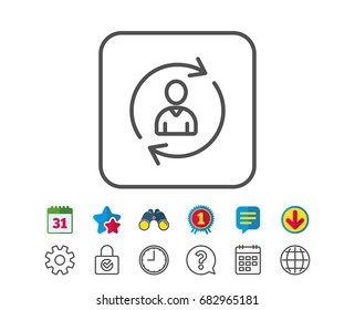 Human Resources line icon. User Profile sign. Person silhouette symbol. Refresh or Update sign. Calendar, Globe and Chat line signs. Binoculars, Award and Download icons. Editable stroke. Vector