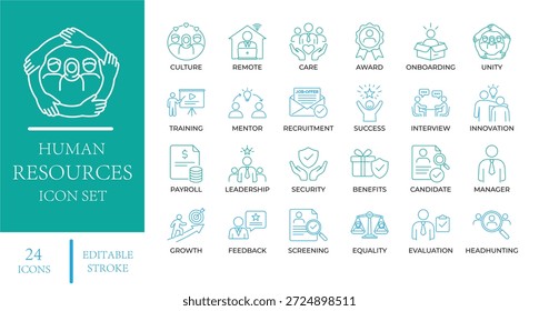 Human Resources Line Icons. Featuring recruitment, employee benefits, remote work, and corporate management symbols. Editable vector for HR apps and business marketing materials.