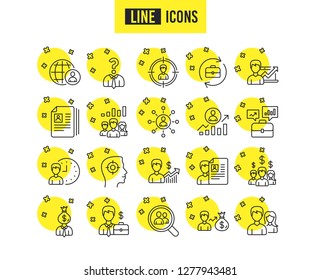 Human Resources line icons. Set of Business Networking, Job Interview and Head Hunting signs. CV, Teamwork and Portfolio symbols. Quality futuro design icons. Editable stroke. Vector