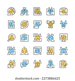 Human resources line icons. Set of employment icons. Black, blue and yellow colors. Modern outline graphic design. Vector line icons set