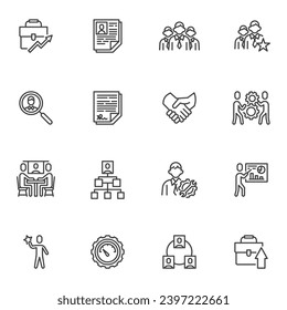 Human resources line icons set, outline vector symbol collection, linear style pictogram pack. Signs, logo illustration. Set includes icons as interview and recruitment, teamwork group, management