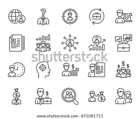 Human Resources line icons. Set of Business Networking, Job Interview and Head Hunting signs. CV, Teamwork and Portfolio symbols. Quality design elements. Editable stroke. Vector