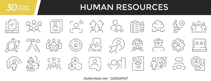 Human resources linear icons set. Collection of 30 icons in black