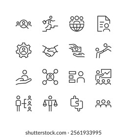Human Resources, linear style icon set. Tools and processes for managing people and organizations. Recruitment, team building, training, and performance evaluation. Editable stroke width