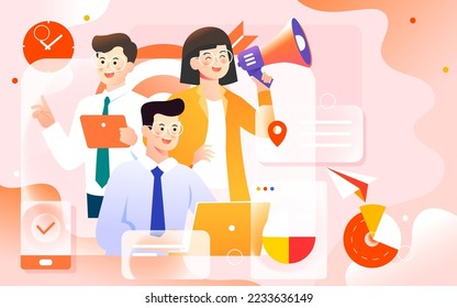 Human resources looking for employees with a megaphone, background with various data and goals, vector illustration