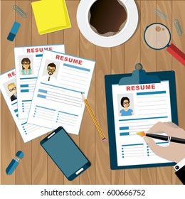 Human resources management concept, analyzing resume, searching professional staff. Vector illustration in flat design.
