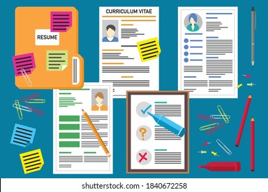 Human Resources Management Concept. Desktop with Resumes and CV's for Job Application