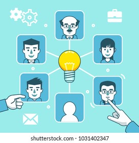 Human resources management concept. Hand points, holds employee profiles, avatars. Simple style vector illustration