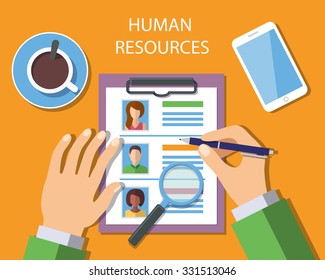 Human Resources Management Concept, Man analyzing personnel resume. Vector Illustration