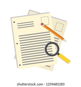 Human resources management concept, searching professional staff, work, analyzing resume, documents papers, hand with magnifying glass, pencil. 
Design by Inkscape
