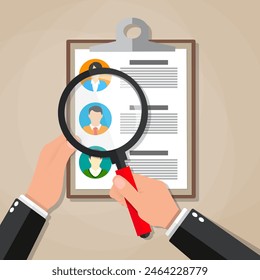 Human resources management concept, searching professional staff, work, hand with magnifying glass analyzing resume, documents papers. vector illustration in flat design on brown background