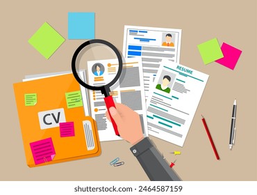 Human resources management concept, searching professional staff, work, analyzing resume, documents papers, hand with magnifying glass, sticky notes, pen. vector illustration in flat design