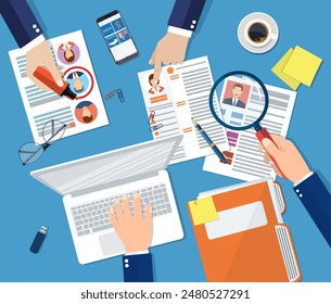 Human resources management concept, searching professional staff, work, hq, hard choice between three people, resume on desk, pen, coffee cup. Vector illustration in flat style