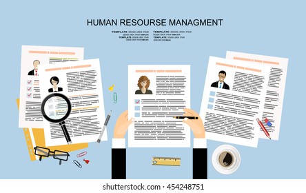 Human resources management concept, searching professional staff, work, analyzing resume, documents papers, magnifying glass, sticky notes, pen. vector illustration in flat design 