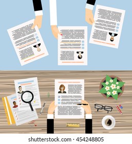 Human resources management concept, searching professional staff, work, analyzing resume, documents papers, magnifying glass, sticky notes, pen. vector illustration in flat design 