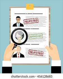 Human resources management concept, searching professional staff, work, analyzing resume, documents papers, magnifying glass. vector illustration in flat design
