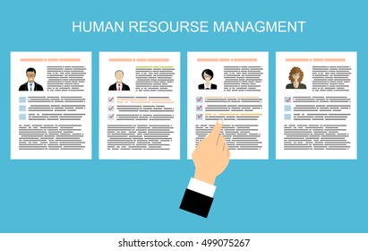 Human resources management concept, searching professional staff, work, analyzing resume, documents papers. vector illustration in flat design