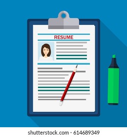 Human resources management concept, searching professional staff, work, analyzing resume, clipboard with resume documents and pen.