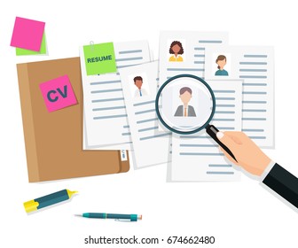 Human resources management concept, searching professional staff, work, analyzing resume, documents papers, hand with magnifying glass, sticky notes, pen. Vector illustration in flat design