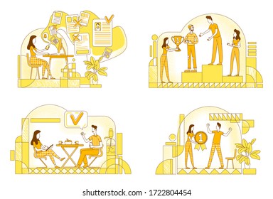 Human resources management flat silhouette vector illustrations set. HR managers outline characters on yellow background. Workers selection, interviewing and motivation simple style drawings pack