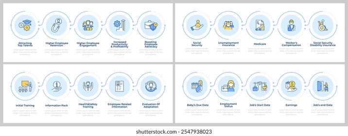 Human resources management infographics set. Employment organization. Flow charts infocharts with steps. Editable vector info graphics icons collection
