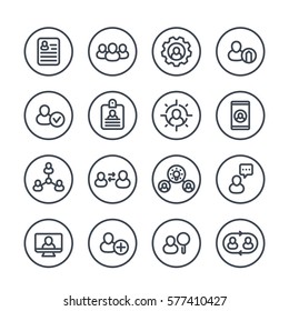 Human resources and management line icons in circles over white, HR, personnel, staff rotation, interaction, coaching, hiring, vacancy, resume