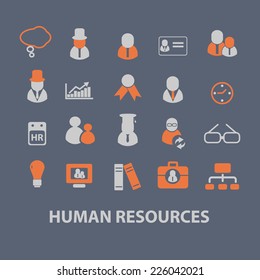 human resources, management, organization icons, signs, illustrations set, vector