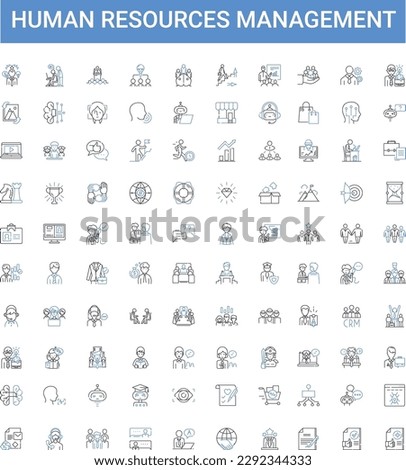 Human resources management outline icons collection. Human, Resources, Management, Recruitment, Hiring, Training, Development vector illustration set. Performance, Analysis, Employee line signs