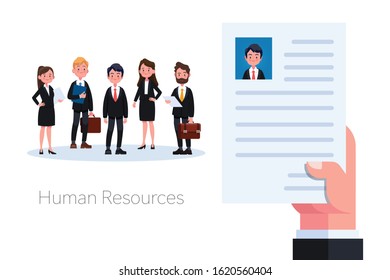 Human resources management, professional staff research, head hunter job with magnifying glass. HR illustration in flat style. Male and female faces app icons