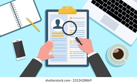 Human resources management, professional staff research, head hunter job with magnifying glass. Job interview, HR recruitment agency vector illustration in flat style.