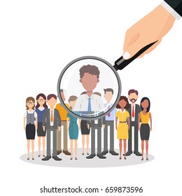 Human resources management, professional staff research, head hunter job with magnifying glass. HR illustration in flat style. Male and female faces app icons