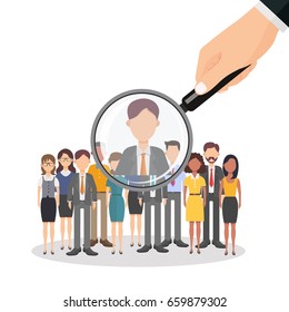 Human resources management, professional staff research, head hunter job with magnifying glass. HR illustration in flat style. Male and female faces app icons