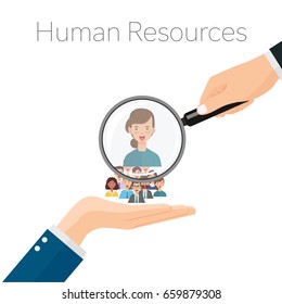 Human resources management, professional staff research, head hunter job with magnifying glass. HR illustration in flat style. Male and female faces app icons