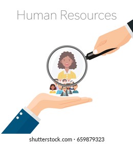 Human resources management, professional staff research, head hunter job with magnifying glass. HR illustration in flat style. Male and female faces app icons