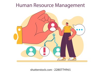 Human resources management. Recruitment and personnel management. HR manager looking for a job candidate, checking a cv and interviewing an applicant. Flat vector illustration