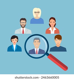 Human resources management select employee. Recruitment, concept of human resources management. CV application. Selecting staff. vector illustration in flat design