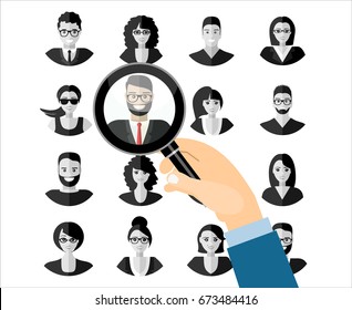 Human resources management select employee. Recruitment, concept of human resources management. CV application. Selecting staff. vector illustration in flat design
